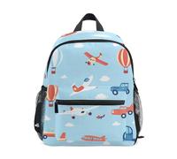 Wudan Zaino per bambini con tasche per bottiglie per bambini borsa per libri per bambini per la scuola materna, Giocoso Cartoon Veicoli e mongolfiere, Small