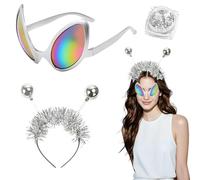 WUERKIYA Costume Alieno Set con Testa e Accessori - Testa Alieno Argento, Occhiali Argento con Lenti Colorate e Paillette Olografica - Perfetto per Party a Tema, Halloween, Carnevali