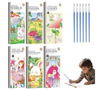 WUERKIYA Libri di Colorazione Acquarello da Tasca per Bambini Set da 6 + 6 Pennelli Ricaricabili + Tavolozze di Colori - Fantasia, Giardino, Dinosaurio, Animali, Mare, Foresta - 12 Pagine di Disegni