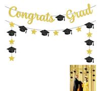 WUERKIYA Set Banner Laurea “Congratulazioni Laurea” 2 Pezzi, Striscioni Nero e Oro con Cappello e Stelle, 3 Metri con Corda, Decorazioni Festa Laurea per Parete, Sfondo Foto e Party
