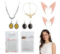 WUERKIYA Set di Orecchie da Elfo in Silicone con Testa e Accessori - 2 Paia di Orecchie (12,5cm e 10cm), 1 Testa con Cristallo Nero, 2 Orecchini (Nero e Oro), 1 Ciondolo Dorato e 2 Adesivi Decorativi