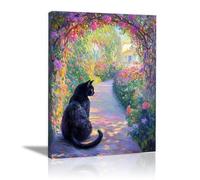WUFIEA Gatto Immagini Stampe su tela Quadro Animali, Gatti neri in un sentiero di fiori per Bagno Sala da pranzo Sala studio - 70x100cm Incorniciato(nero)