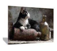WUFIEA Gatto Immagini Stampe su tela Quadro Animali Gatto sdraiato accanto a un vaso per Bagno Sala da pranzo Sala studio(Bianco e nero)-40x60cm Incorniciato