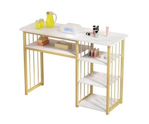 Wufuuoa Tavolo per unghie con ripiani multi aperti, moderno tavolo per manicure con piano in marmo e struttura dorata, per casa, officina, salone di bellezza, postazione di lavoro, bianco
