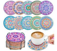 WuGU 10 pezzi di pittura a diamante sottobicchiere, 10 cm, sottobicchiere in sughero rotondo, mandala, sottobicchieri, arte di diamante con supporto, tappetino da tazza mandala, in legno per tazze