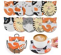 WuGU 10 Pezzi Sottobicchieri Diamante con Supporto, Sottobicchiere Dipinto a Diamante, Diamante Arte Pittura Sottobicchieri, Set di Sottobicchieri con Pittura a Diamante per Bambini - Gatto