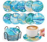 WuGU 10 Pezzi Sottobicchieri Diamante con Supporto, Sottobicchiere Dipinto a Diamante, Diamante Arte Pittura Sottobicchieri, Set di Sottobicchieri con Pittura a Diamante per Bambini (Stile Marino)