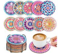 WuGU Sottobicchieri Diamante con Supporto, 10 Pezzi Sottobicchiere Dipinto a Diamante, Sottobicchieri Mandala Fai da te per Adulti & Bambini - Fiore Rosa