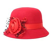 WULIQIUQIU Cappello da donna vintage in feltro a cloche invernale floreale Fedora Bucket Hat Bombetta, Rosso, Taglia unica