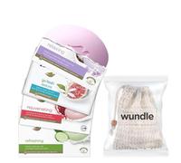 Wundle Bundle - Sacchetto esfoliante per sapone, con 4 saponette idratanti Dove's (confezione multiprofumo)