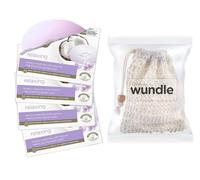 Wundle Bundle - Sacchetto esfoliante per sapone, con 4 saponette idratanti Dove's (latte di cocco e petali di gelsomino)