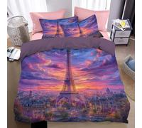 WunM Studio Copripiumino Singolo,Parure Copripiumino Microfibra con Stampa Digitale Tramonto sulla Torre Eiffel di Parigi + 1 Federa 50x75cm - Vista romantica sulla città