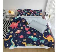 WunM Studio Set Copripiumino 3D Stampato Reversibile,2 Lati Stampati,Morbido e Traspirante,Dinosauri colorati dei cartoni animati,Pianeti e stelle giocosi,Singolo,Blu scuro