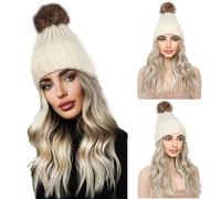 WUODHTW Beanie Cap Parrucca invernale a maglia calda cappello nero berretto con 12" ondulato extension capelli sintetici parrucca a maglia