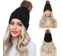 WUODHTW Beanie Cap Parrucca invernale a maglia calda cappello nero berretto con 12" ondulato extension capelli sintetici parrucca a maglia