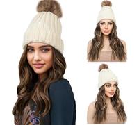 WUODHTW Beanie Cap Parrucca invernale a maglia calda cappello nero berretto con 12" ondulato extension capelli sintetici parrucca a maglia