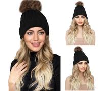 WUODHTW Beanie Cap Parrucca invernale a maglia calda cappello nero berretto con 12" ondulato extension capelli sintetici parrucca a maglia