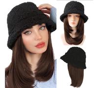 WUODHTW Cappello da pescatore invernale con capelli ricci ondulati lisci parrucchino Cosplay parrucca cappello donna agnelli lana secchio cap con parrucca