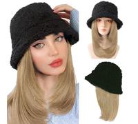 WUODHTW Cappello da pescatore invernale con capelli ricci ondulati lisci parrucchino Cosplay parrucca cappello donna agnelli lana secchio cap con parrucca