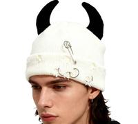 WUODHTW Gothic Devil Horn Knitted Beanies for Women Men Y2K Funny Crochet Skull Hat Halloween Cosplay Party Hip Hop Hat (White Black)