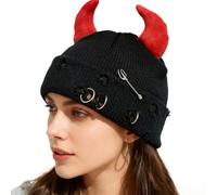 WUODHTW Gothic Devil Horn Knitted Beanies for Women Men Y2K Funny Crochet Skull Hat Halloween Cosplay Party Hip Hop Hat (Black Red J)