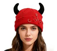 WUODHTW Gothic Devil Horn Knitted Beanies for Women Men Y2K Funny Crochet Skull Hat Halloween Cosplay Party Hip Hop Hat (Red Black)