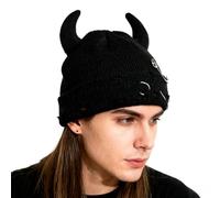WUODHTW Gothic Devil Horn Knitted Beanies for Women Men Y2K Funny Crochet Skull Hat Halloween Cosplay Party Hip Hop Hat (Black Black)