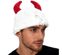 WUODHTW Gothic Devil Horn Knitted Beanies for Women Men Y2K Funny Crochet Skull Hat Halloween Cosplay Party Hip Hop Hat (White Red)