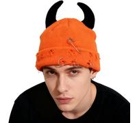 WUODHTW Gothic Devil Horn Knitted Beanies for Women Men Y2K Funny Crochet Skull Hat Halloween Cosplay Party Hip Hop Hat (Orange Black)