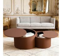 WUPDPQS Set di 2 tavolini da caffè sovrapponibili rotondi con contenitore 68 cm Tavolini caffè rotondi contenitore per soggiorno Impiallacciatura pelle Tavolino laterali impilabili moderni,Marrone