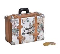Wurm Splendido salvadanaio da viaggio a forma di valigetta, con mappa del mondo, tappo e scritta in lingua inglese