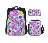 WURTON Bella stampa arcobaleno sirena 3 in 1 Bookbags set zaino tracolla regolabile pranzo borsa astuccio astuccio, nero, Taglia unica