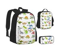 WURTON Cartoon Dinosauro Immagini Stampa Zaino Set Lunch Box Set, 3 in 1 Zaino e Matita Custodia Bundle Abbinamento, Nero, Taglia Unica, Nero, One Size