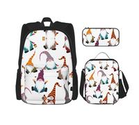 WURTON Christmas Funny Gnomes Print 3 in 1 Bookbags Set zaino tracolla regolabile borsa pranzo astuccio astuccio scatola, nero, Taglia unica