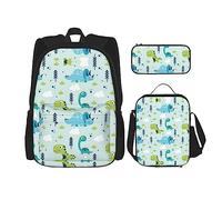 WURTON Dinosauro Stampa 3 in 1 Set Casual Spalla Regolabile Zaino Pranzo Borsa Portapranzo Astuccio Astuccio Scatola, nero, Taglia unica