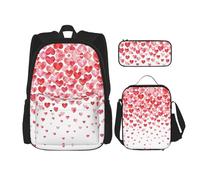 WURTON Falling Red Hearts Print 3 in 1 Set Casual Zaino a tracolla regolabile Borsa Pranzo Astuccio Astuccio Astuccio, nero, Taglia unica