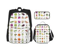 WURTON Introduzione Di Varie Verdure Stampa 3 In 1 Set Casuale Spalla Regolabile Zaino Pranzo Sacchetto Della Matita Caso Del Sacchetto D, nero, Taglia unica
