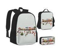 WURTON Set 3 in 1 composto da zaino e astuccio per il pranzo con stampa di simpatici gufi natalizi su un ramo, nero, Taglia unica