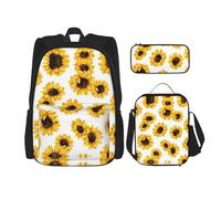 WURTON Set 3 in 1 con stampa di girasoli, zaino a tracolla regolabile, borsa per il pranzo, astuccio per matite, nero, Taglia unica