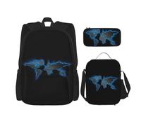 WURTON Set 3 in 1 con stampa mappa del mondo, zaino a tracolla regolabile, borsa per il pranzo, astuccio portapranzo, astuccio, nero, Taglia unica