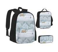 WURTON Set 3 in 1 con zaino e astuccio per la scuola con stampa di uccelli nel parco in un giorno di neve