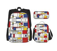WURTON Stampa astratta 3 in 1 Bookbags Set Spalla Regolabile Zaino Pranzo Borsa Portapranzo Astuccio Astuccio, nero, Taglia unica