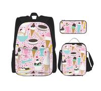 WURTON Sweet Ice Cream Print 3 in 1 Bookbags Set zaino tracolla regolabile borsa pranzo astuccio astuccio astuccio scatola