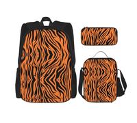 WURTON Tiger Stripes Arancione Motivo Stampa 3 in 1 Set Casual Spalla Regolabile Zaino Pranzo Borsa Portapranzo Astuccio Astuccio, nero, Taglia unica