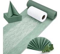 Wusboo Runner da Tavolo in Tessuto Non Tessuto in Verde Eucalipto 30 cm x 30 m, Nastri Decorativi in Pizzo Bianco & Tovaglioli Verde Eucalipto, Set Runner per Battesimo, Comunione