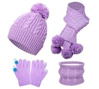 Wusboo Set Sciarpa e Cappello Bambina, Berretto Invernale con Pon Pon, Include Scaldacollo Foderato, Sciarpa e Guanti, Set Cappello Scaldacollo e Guanti per Bambino Elastico per Bambine da 3 a 8 Anni