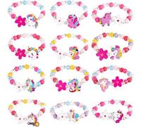 WUSJCOF 12Pz Braccialetti di Legno per Bambine, Gioielli per Bambini Fatti a Mano, Unicorno Fiori Farfalle dell'Amicizia Gioielli per Bambini, Regali per Bambine Compleanno (Multicolore)