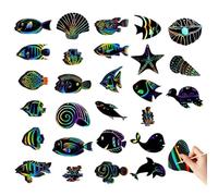 WUSJCOF 27 Fogli Scratch Art con Animali Marini, Fogli Neri da Grattare con Penna in Legno e Corde Colorate, per Bambini, Tema Mondo Sottomarino, Regali Fine Festa Compleanno Bambino (Arcobaleno)
