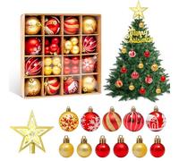 WUSUPU 44 Palline di Natale per Albero Set dorate e rosse,Decorazioni Albero di Natale,con cime degli alberi scavate,stelle e tabellone con alfabeto,adatto per Natale,vacanze di stagione e feste