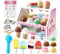 WUSUPU Gelateria Giocattolo per Bambini,38 pezzi Giocattoli in Legno Accessori da Cucina per Bambini,Giocattoli Gelato,Montessori Gioco di Ruolo Educativo Regalo per Ragazza Ragazzo